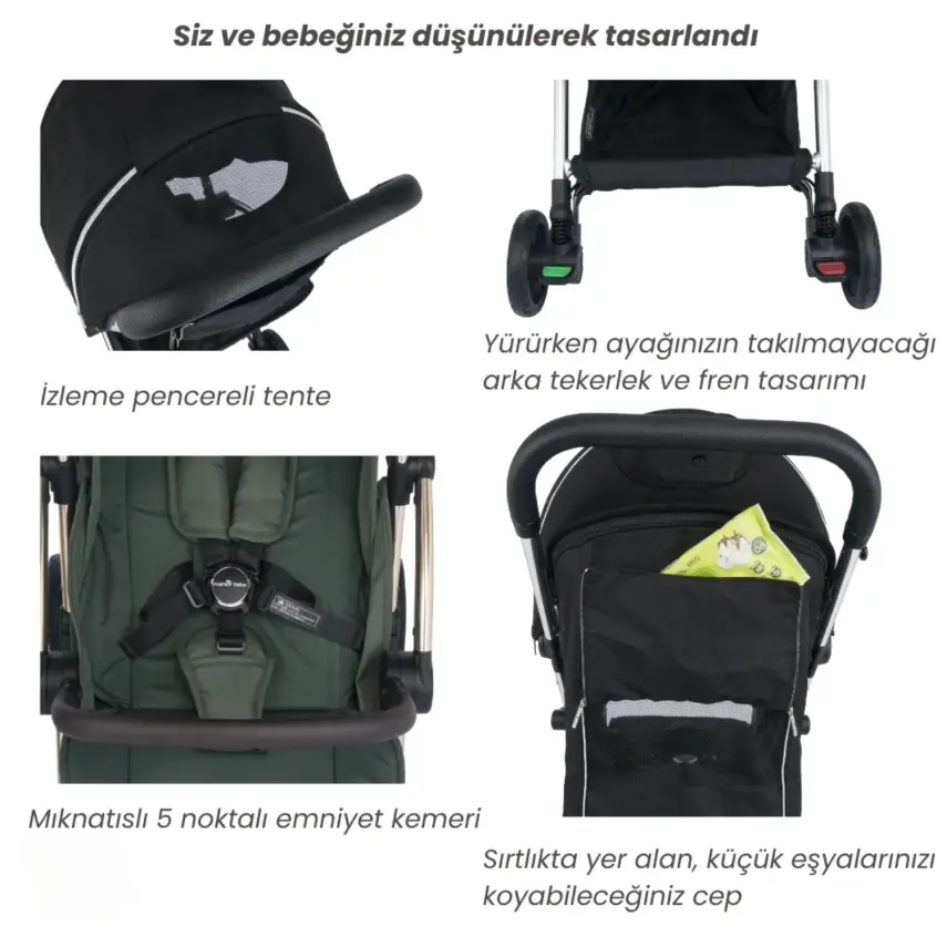 Merkür Bebe Ruby Tek Tuşla Otomatik Katlanan Kabin Boy Bebek Arabası Yeşil - 6