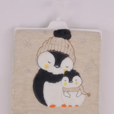 Mini Damla Battaniye Triko Penguen Nakışlı 80x100cm Bej