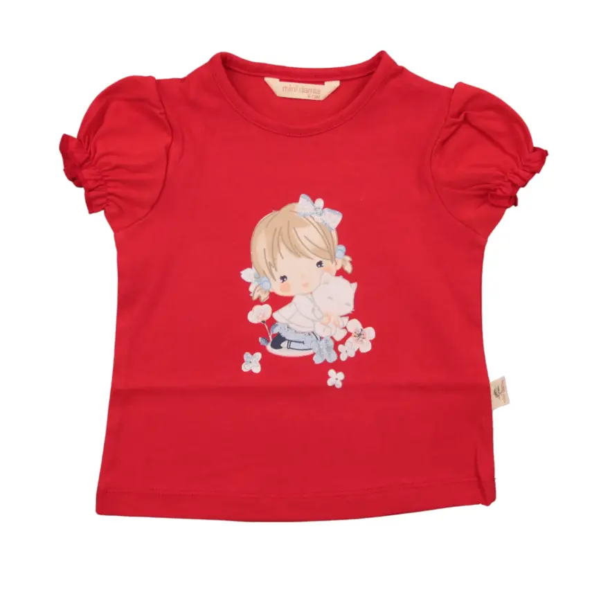 Mini Damla Bebek T-Shirt Kedili Kız Kırmızı - 1