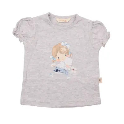 Mini Damla Çocuk T-Shirt Kedili Kız Gri Melanj