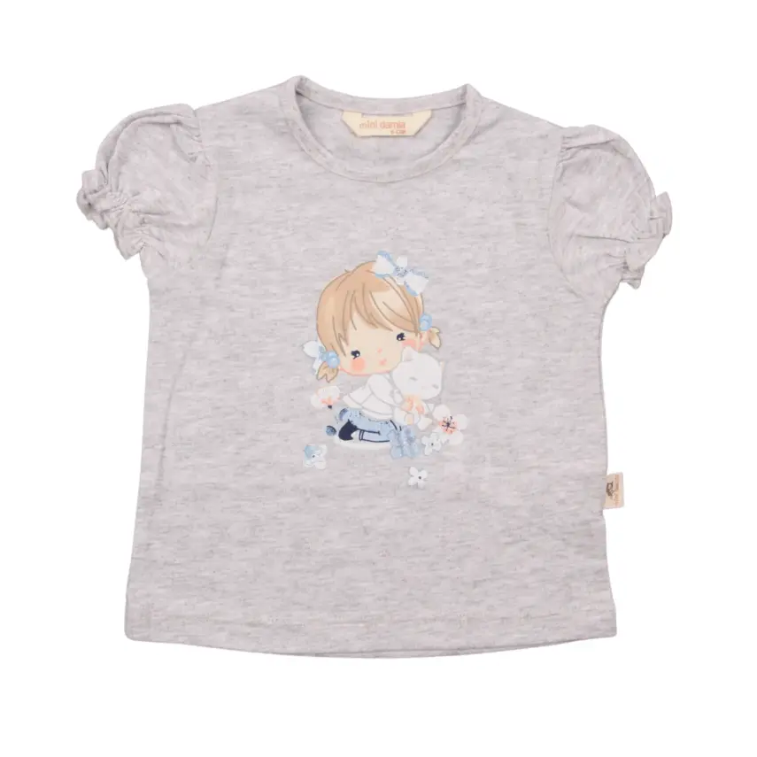 Mini Damla Çocuk T-Shirt Kedili Kız Gri Melanj - 2