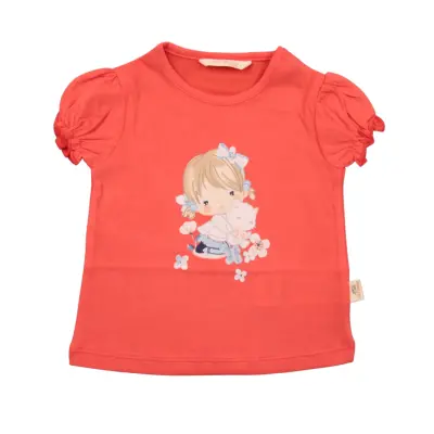 Mini Damla Çocuk T-Shirt Kedili Kız Nar Çiçeği 