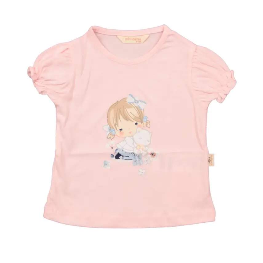 Mini Damla Çocuk T-Shirt Kedili Kız Pembe - 2