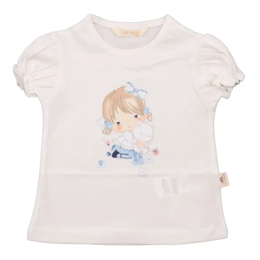 Mini Damla T-Shirt Kedili Kız Ekru - 1