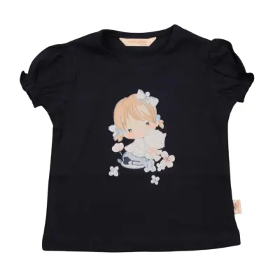 Mini Damla T-Shirt Kedili Kız Lacivert 