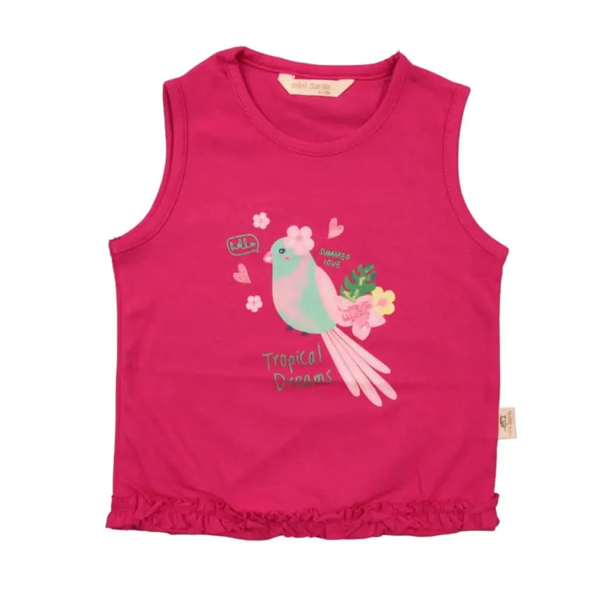 Mini Damla T-Shirt Kolsuz Tropikal Fuşya - 1