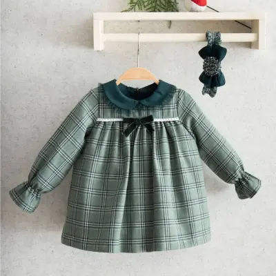 Miomini Elbise Saç Bantlı Bebe Yakalı Simli Ekose Yeşil - 3