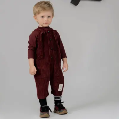 Moi Noi Salopet Kadife Düğmeli Bordo - 5