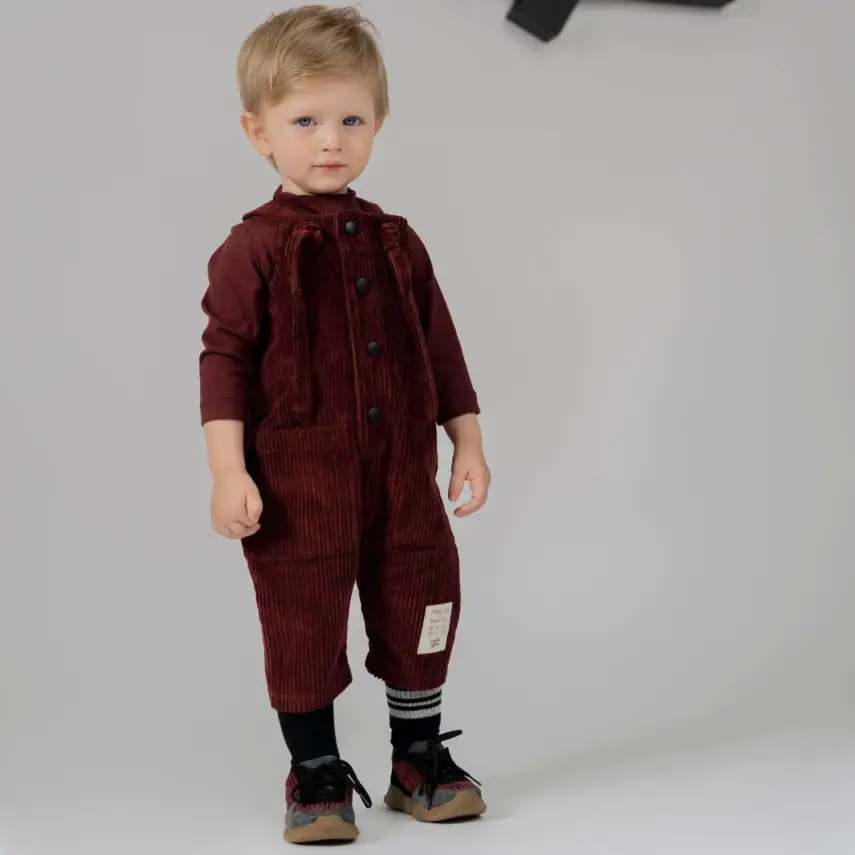 Moi Noi Salopet Kadife Düğmeli Bordo - 5