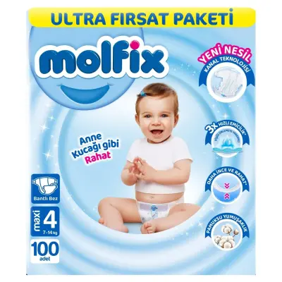 Molfix Bebek Bezi 3D 4 Beden Maxi 7-14 Kg 100lü Ultra Fırsat Paketi