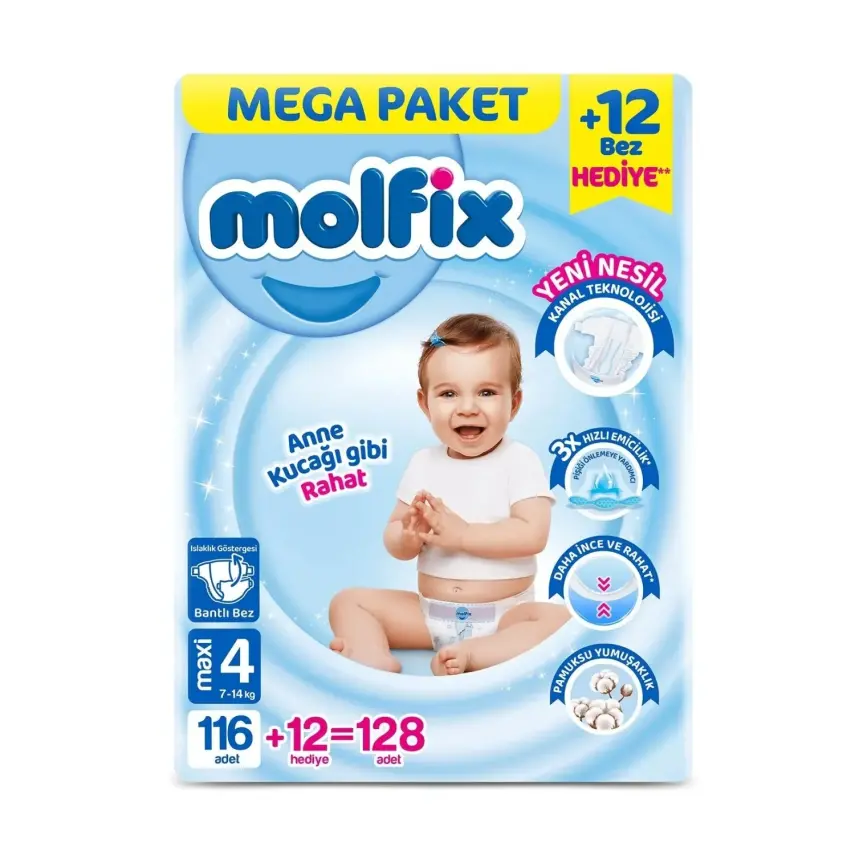 Molfix Bebek Bezi 4 Beden Maxi 7-14 Kg 128li Mega Paket - 1