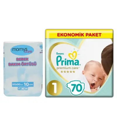 Momys Care Bebek Bakım Örtüsü 60*90 cm 10lu, Prima Premium Care Bebek Bezi 1 Beden Yenidoğan 70li 