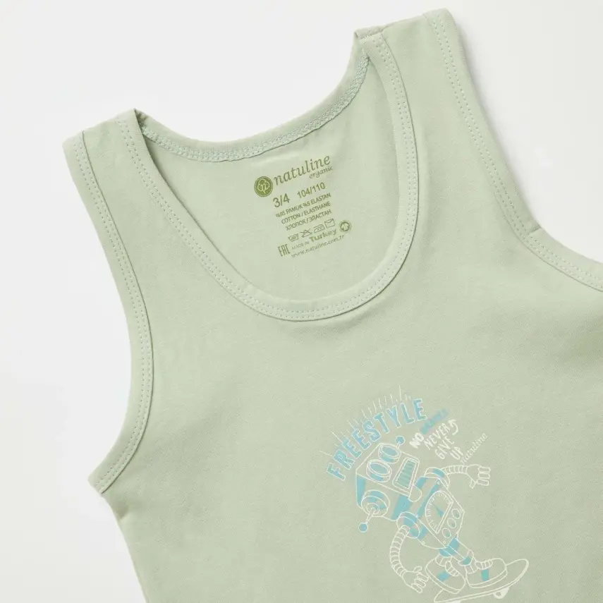 Natuline Organik Erkek Bebek Atleti Likralı Freestyle Robot 2li Çağla Yeşili - Lacivert - 4