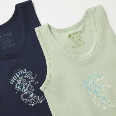 Natuline Organik Erkek Bebek Atleti Likralı Freestyle Robot 2li Çağla Yeşili - Lacivert - 2