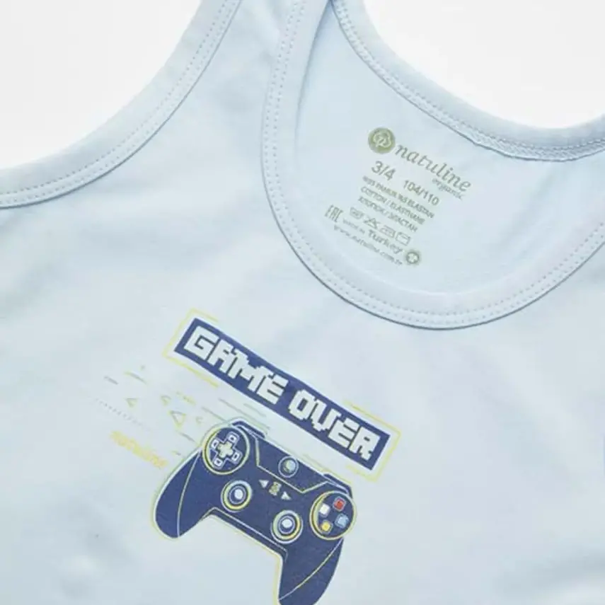 Natuline Organik Erkek Bebek Atleti Likralı Game Over 2li Mavi - Gri Melanj - 2