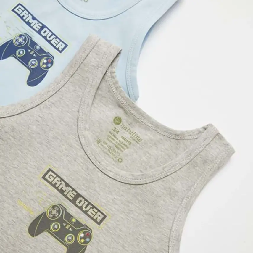 Natuline Organik Erkek Bebek Atleti Likralı Game Over 2li Mavi - Gri Melanj - 3