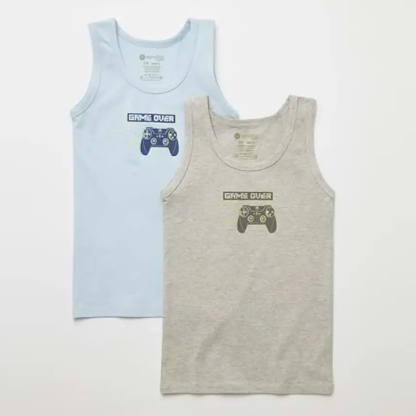 Natuline Organik Erkek Bebek Atleti Likralı Game Over 2li Mavi - Gri Melanj - 1