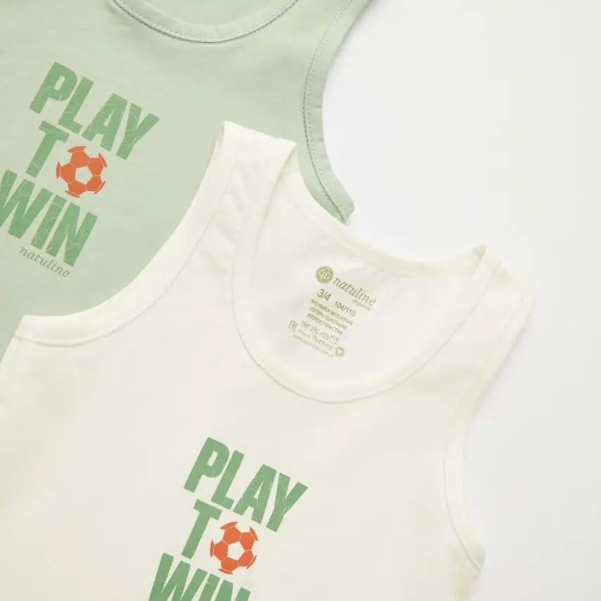 Natuline Organik Erkek Bebek Atleti Likralı Play To Win 2li Çağla Yeşili - Ekru - 4