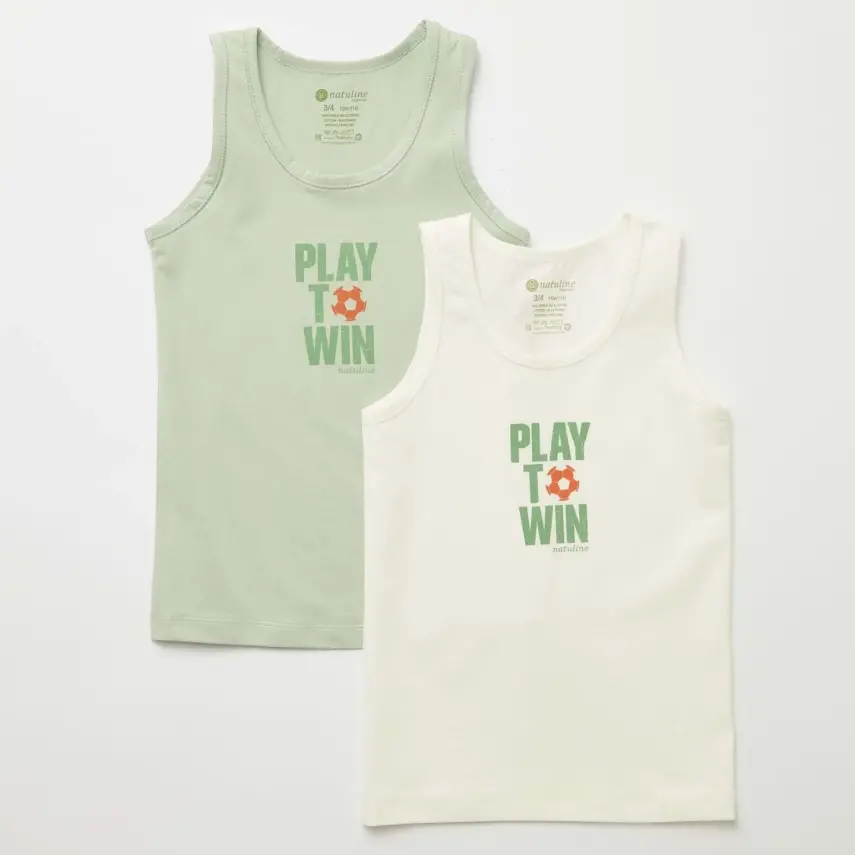 Natuline Organik Erkek Bebek Atleti Likralı Play To Win 2li Çağla Yeşili - Ekru - 1