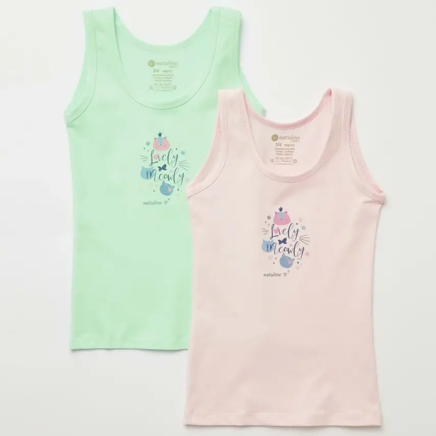 Natuline Organik Kız Atlet Likralı Lovely Meowly 2li Pembe - Yeşil - 1