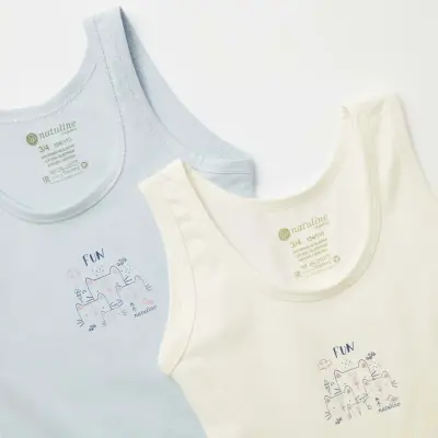 Natuline Organik Kız Bebek Atleti Likralı Fun Cat 2li Açık Mavi - Ekru - 11