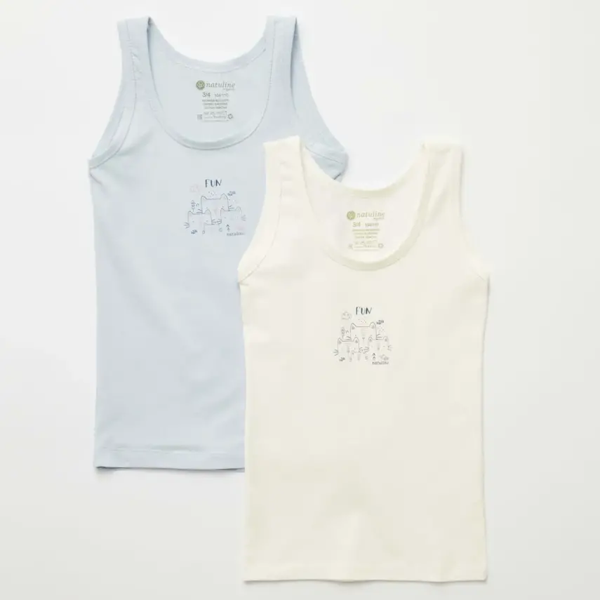 Natuline Organik Kız Bebek Atleti Likralı Fun Cat 2li Açık Mavi - Ekru - 1