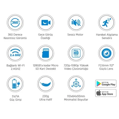 Neutron 360 Derece Dönebilen Kızılötesi İç Ortam Akıllı Güvenlik Kamera - 7