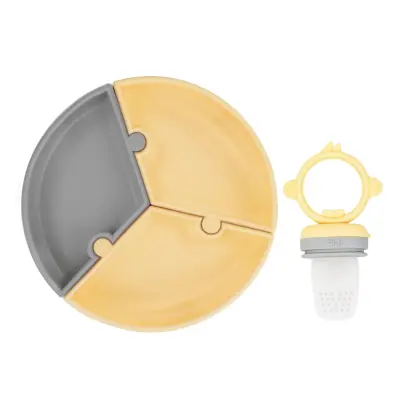 OiOi Püre Meyve Ve Sebze Alıştırıcı ,OiOi Puzzle Vakumlu Mama Tabağı  Mellow Yellow - Powder Grey