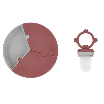 OiOi Puzzle Vakumlu Mama Tabağı, OiOi Püre Meyve Ve Sebze Alıştırıcı Velvet Rose - Powder Grey 