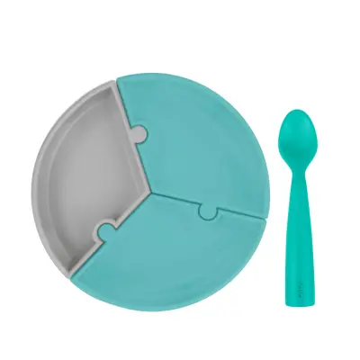 Oioi Puzzle Vakumlu Mama Tabağı+Nam Nam Mama Kaşığı Aqua Green-Powder Grey