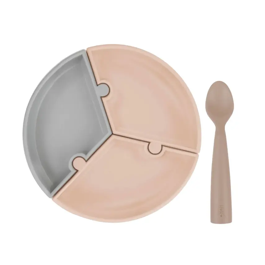 Oioi Puzzle Vakumlu Mama Tabağı+Nam Nam Mama Kaşığı Bubble Green-Powder Grey - 1