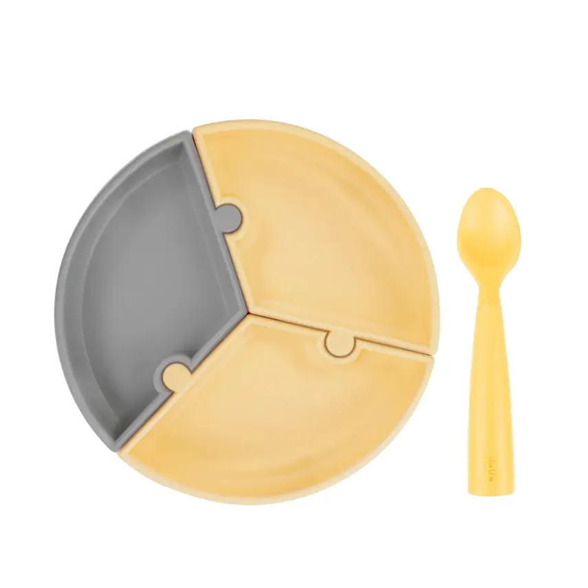 Oioi Puzzle Vakumlu Mama Tabağı+Nam Nam Mama Kaşığı Mellow Yellow-Powder Grey - 1