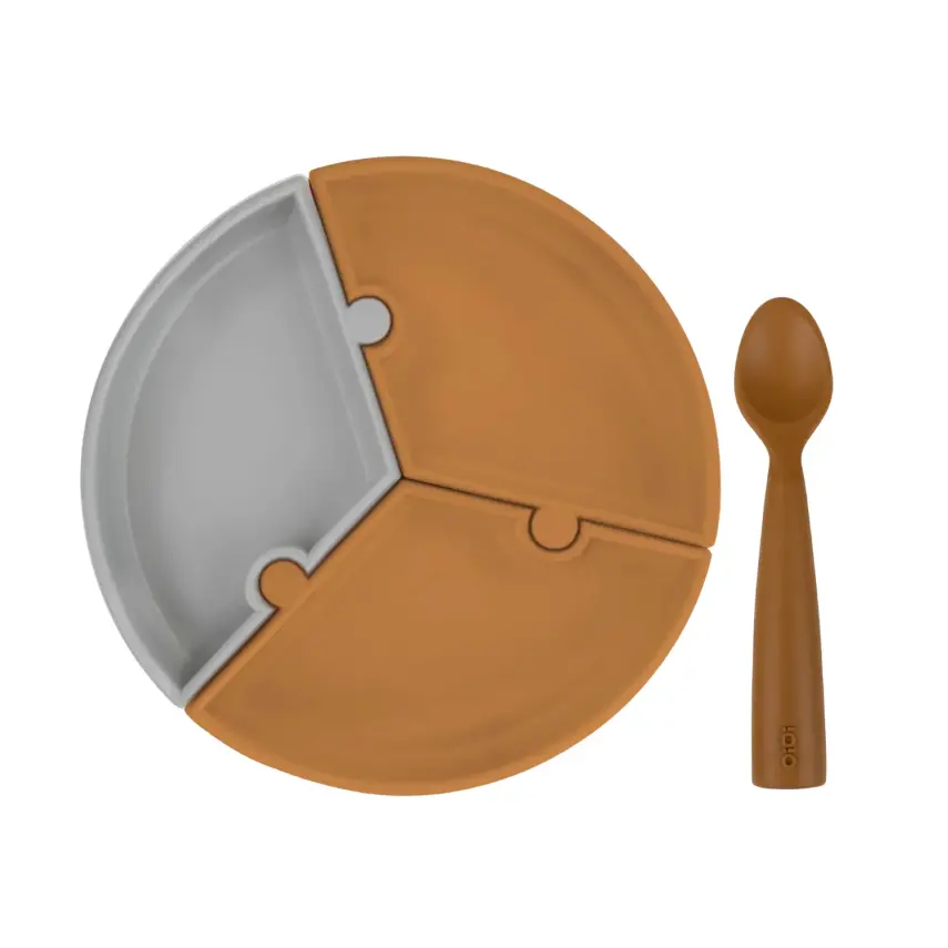 Oioi Puzzle Vakumlu Mama Tabağı+Nam Nam Mama Kaşığı Woody Brown-Powder Grey - 1