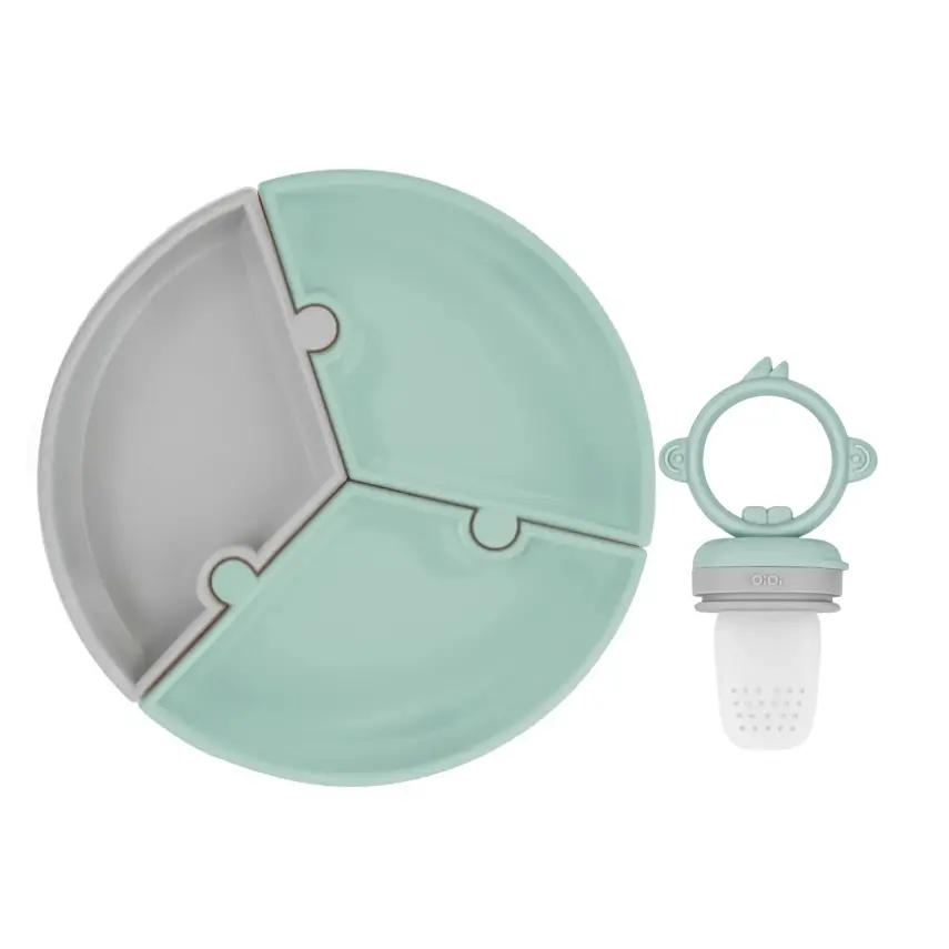 Oioi Puzzle Vakumlu Mama Tabağı+OiOi Püre Meyve Ve Sebze Alıştırıcı River Green - Powder Grey - 1