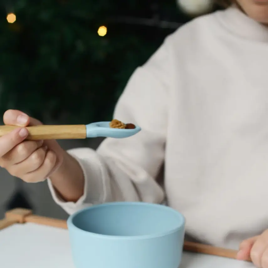 OiOi Silikon Mama Kaşığı 2'li Bambu Saplı Aqua Green/Mineral Blue - 2