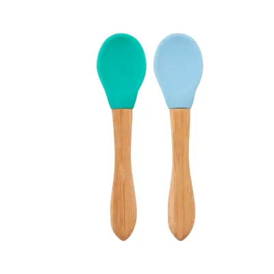 OiOi Silikon Mama Kaşığı 2'li Bambu Saplı Aqua Green/Mineral Blue - 1