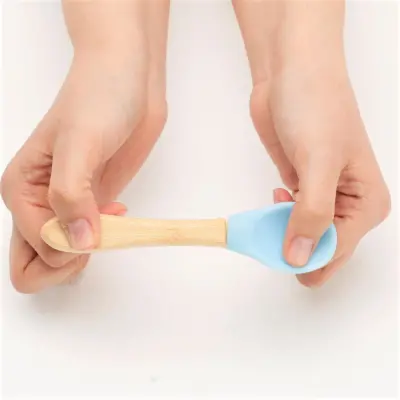 OiOi Silikon Mama Kaşığı 2'li Bambu Saplı Aqua Green/Mineral Blue - 3