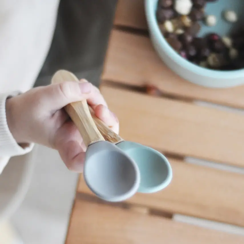 OiOi Silikon Mama Kaşığı 2'li Bambu Saplı Aqua Green/Velvet Rose - 3