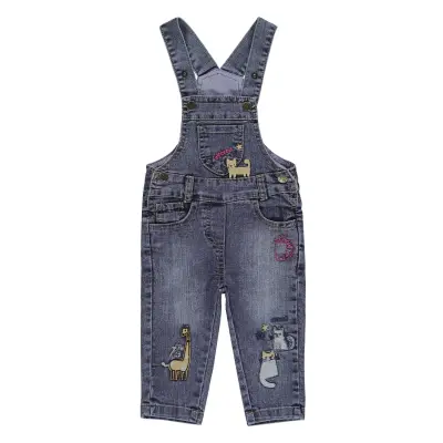 Overdo Kız Salopet Kedi Nakışlı Mavi Denim - 5