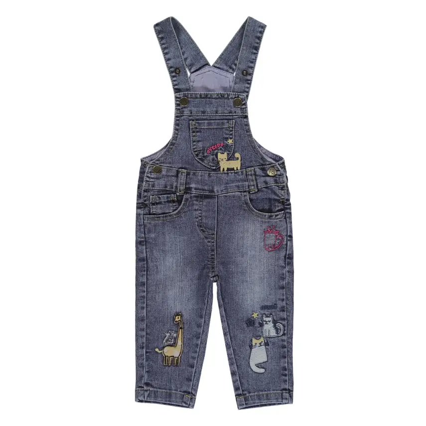 Overdo Kız Salopet Kedi Nakışlı Mavi Denim - 5