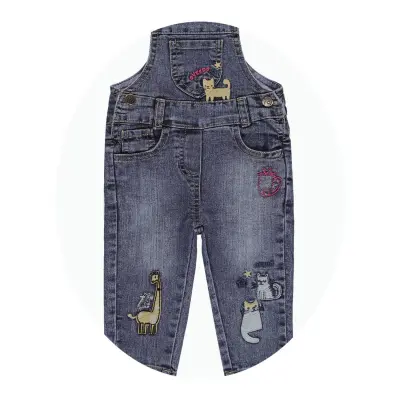 Overdo Kız Salopet Kedi Nakışlı Mavi Denim - 4