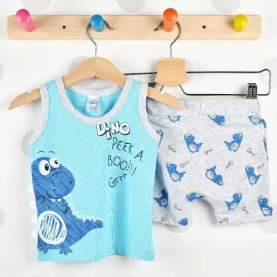 Pelops 2li Takım Atlet Dinazor Baskılı Mavi