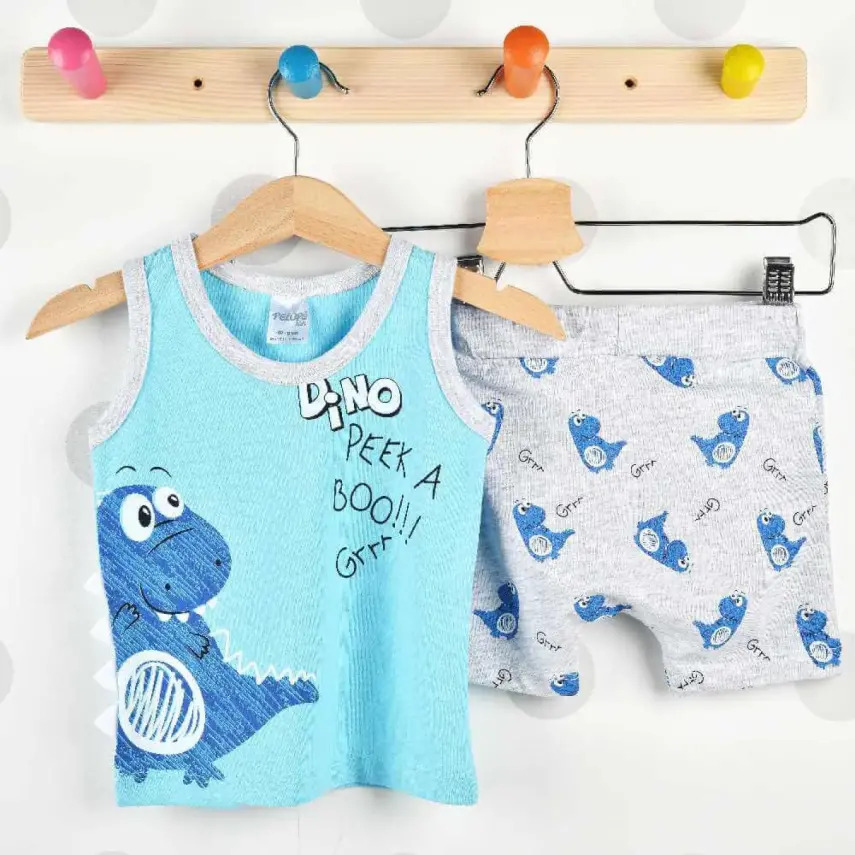 Pelops 2li Takım Atlet Dinazor Baskılı Mavi - 1