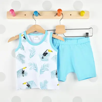 Pelops 2li Takım Atlet Palmiye Papağan Baskılı Beyaz