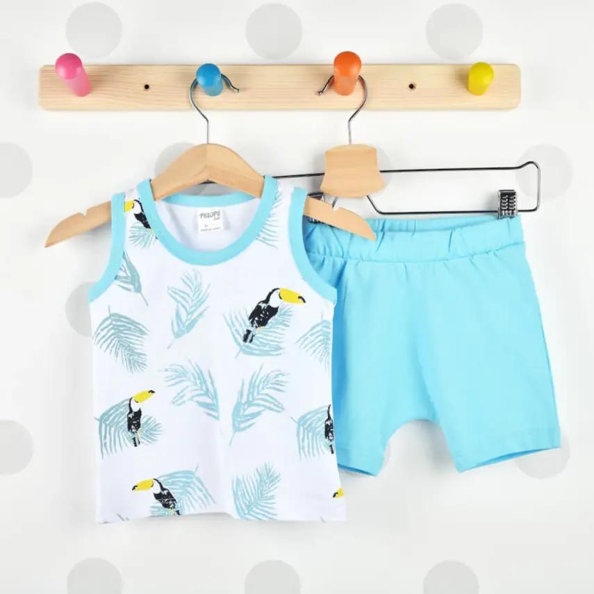 Pelops 2li Takım Atlet Palmiye Papağan Baskılı Beyaz - 2