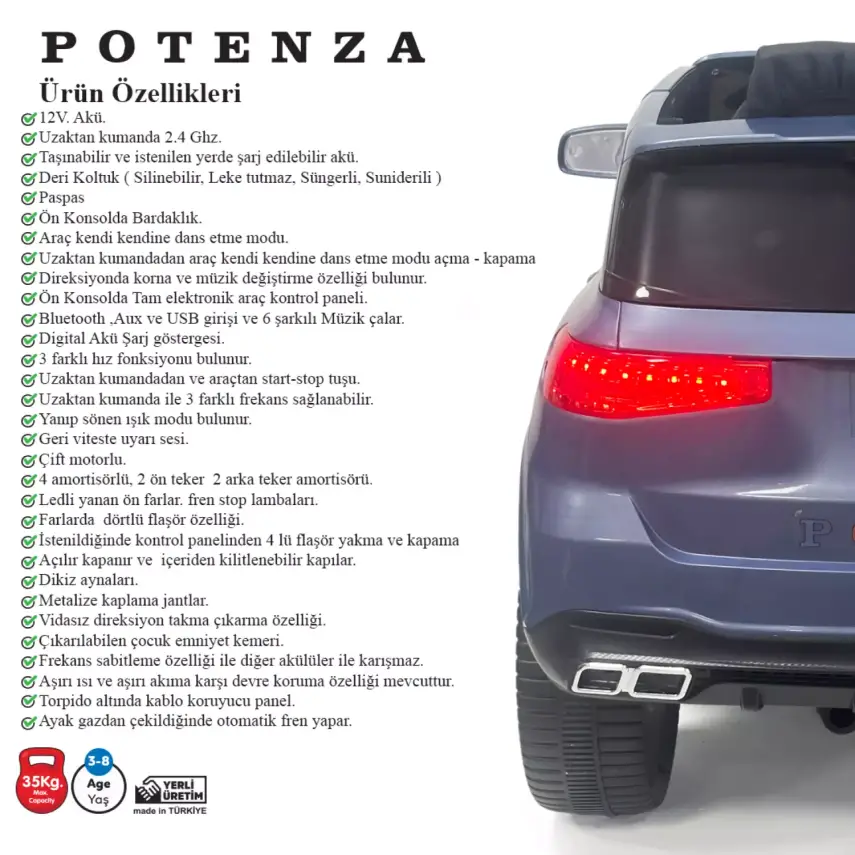 Potenza Akülü Araba Kumandalı 4*2 12 Volt Atlantis Mavisi - 7