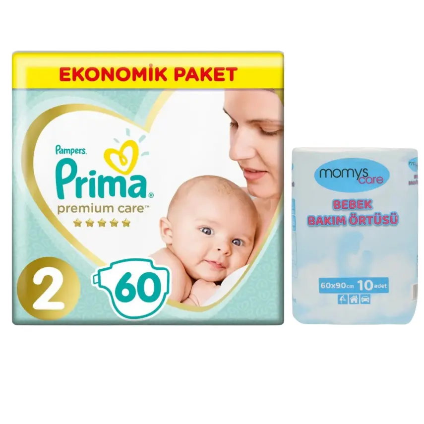 Prima Premium Care 2 Beden 60lı  Bebek Bezi ve Momys Care Bebek Bakım Örtüsü 10lu  - 1