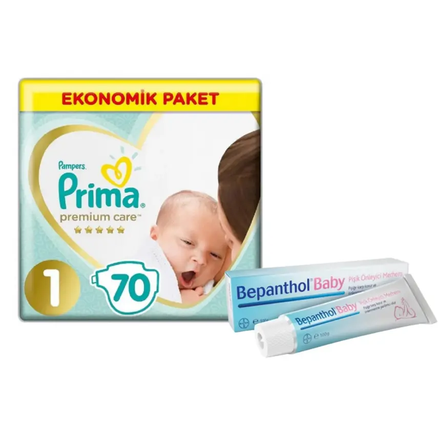 Prima Premium Care Bebek Bezi 1 Beden Yenidoğan 70li Eko+ Bepanthol Baby Pişik Merhemi 100 gr - 1