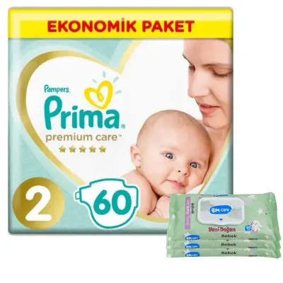 Prima Premium Care Bebek Bezi 2 Beden Mini 4-8 Kg 60Lı Ekonomik  Bm Care Yenidoğan Islak Mendilli 