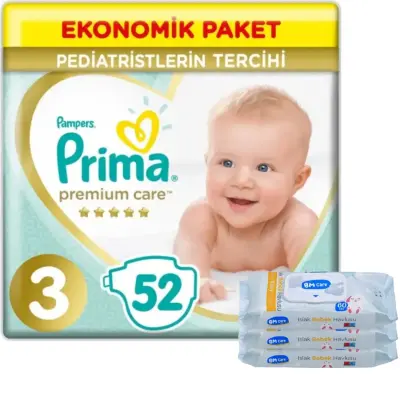 Prima Premium Care Bebek Bezi 3 Beden Midi 6-10 Kg 52Li Ekonomik Bm Care Sensitive Islak Mendilli Av